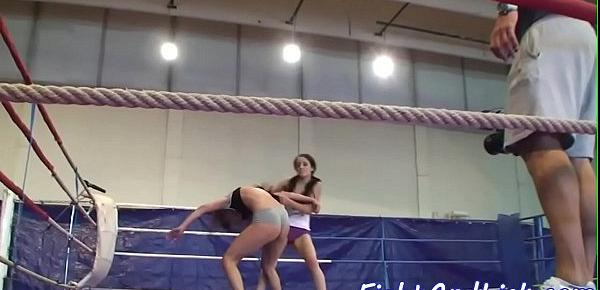  Skinny lesbians wrestling in a boxing ring